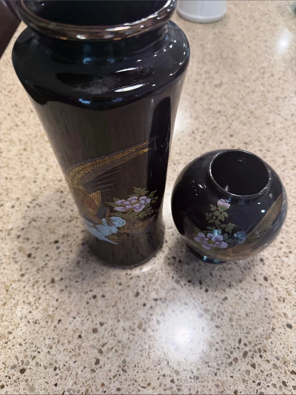 Black Lacquered Vase Set with Gold & Pastel Bird Motif Peacock